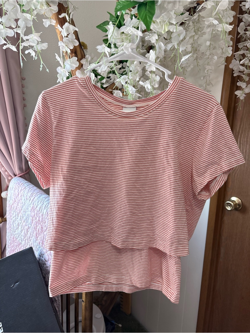 CAbi Burnt Orange& White Layered Stripe Short Sleeve Tee